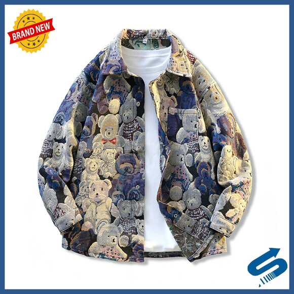 Vintage Bear Print Denim Jacket Loose Fit Unisex Streetwear